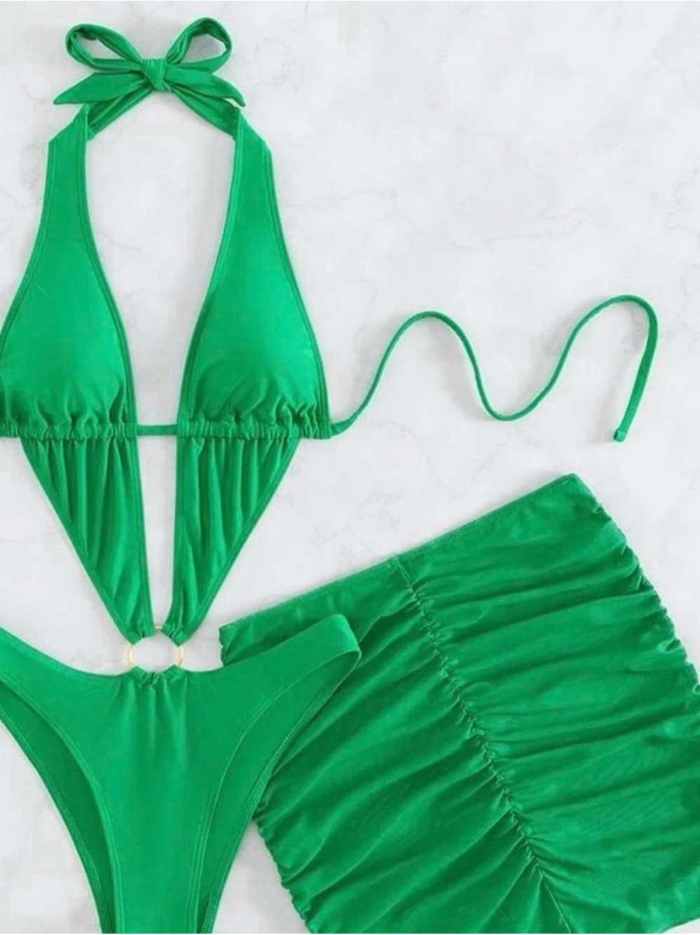 Green Ring-Detail Triangle Bikini Set - Unbranded